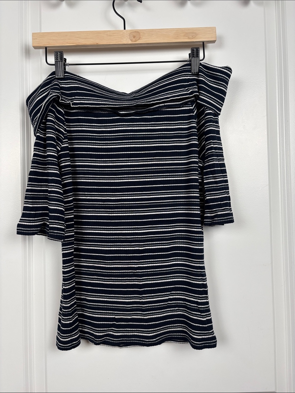 Banana Republic Navy and White Striped Off-Shoulder Top